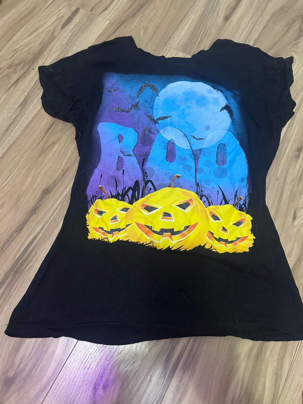 Hanes Black Halloween Tee with Yellow Pumpkin Trio